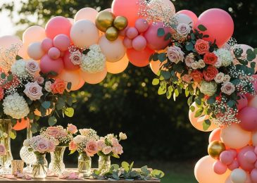 Arche de ballons et fleurs fraîches : le mélange textures gagnant